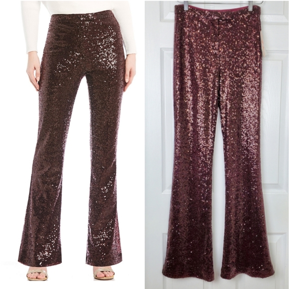Gb Sequin High Rise Flare Burgundy Pant 
